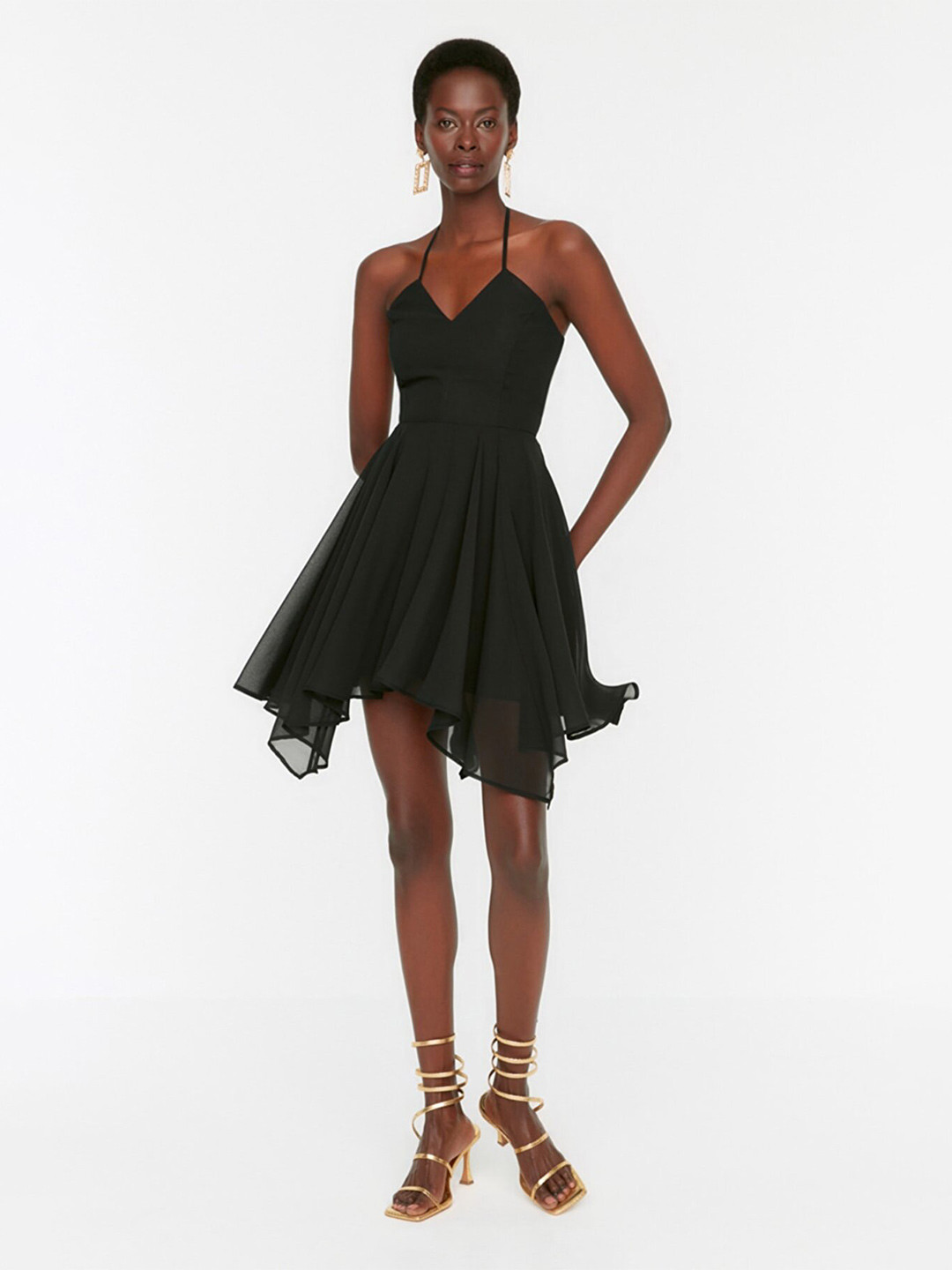 Trendyol Black Tie-Up Flared Tie Ups Neck Dress