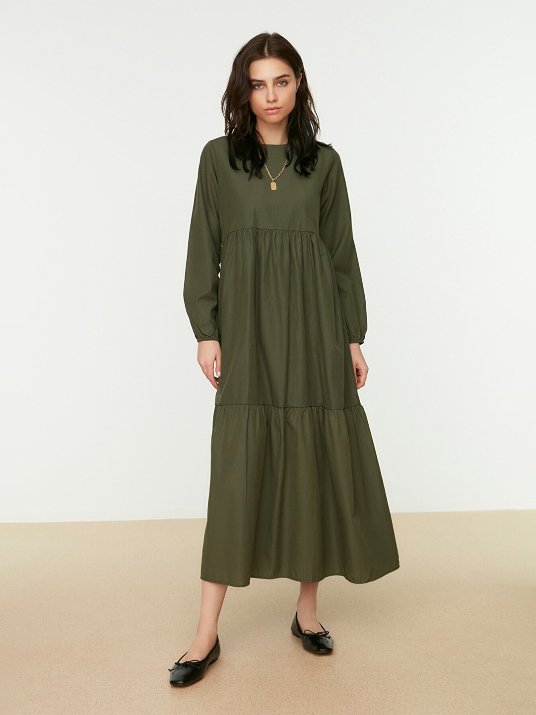 Trendyol Khaki Solid Cuffed Sleeve A-Line Midi Dress