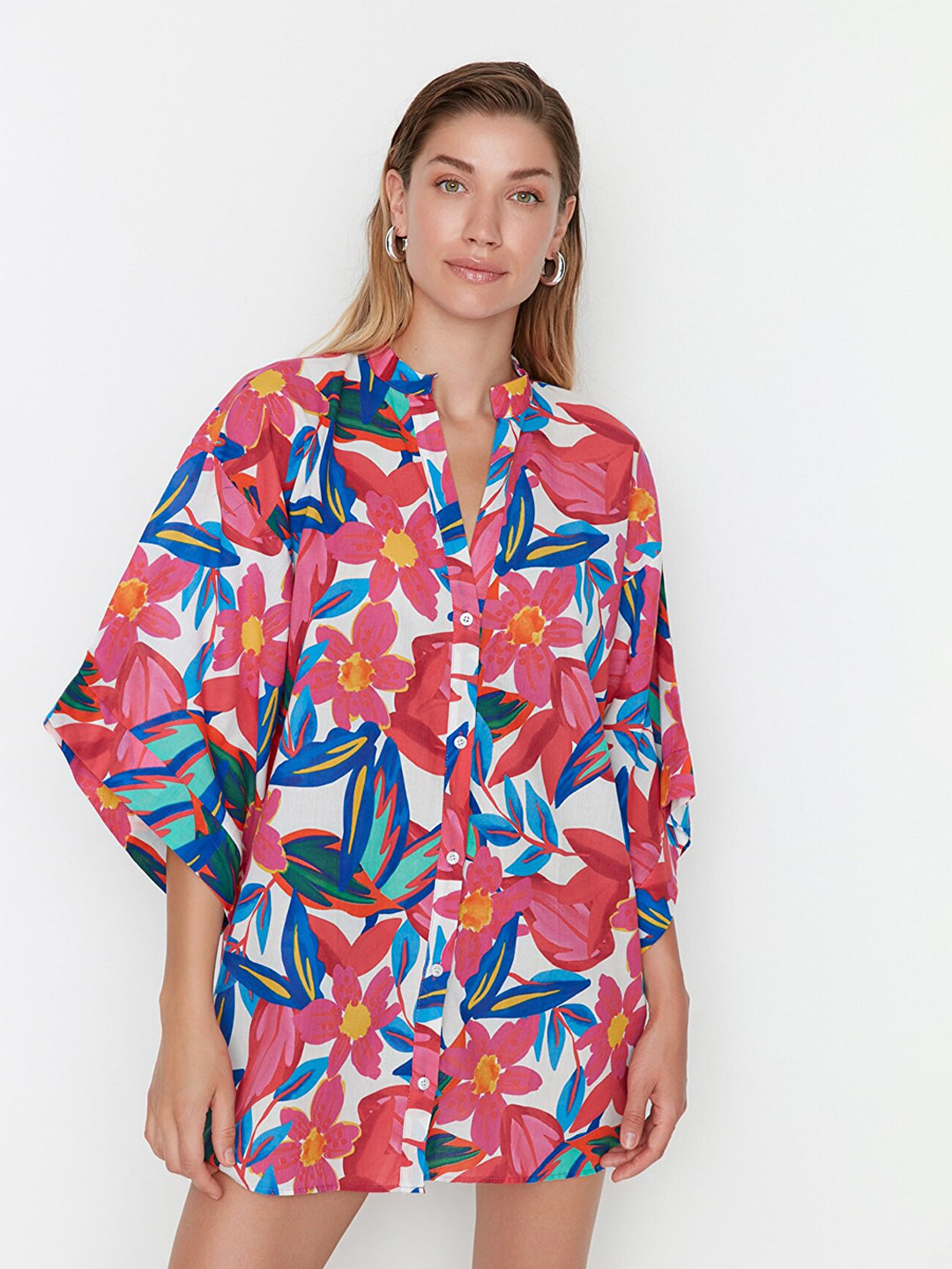 Trendyol Pink & Red Cotton Floral Shirt Dress