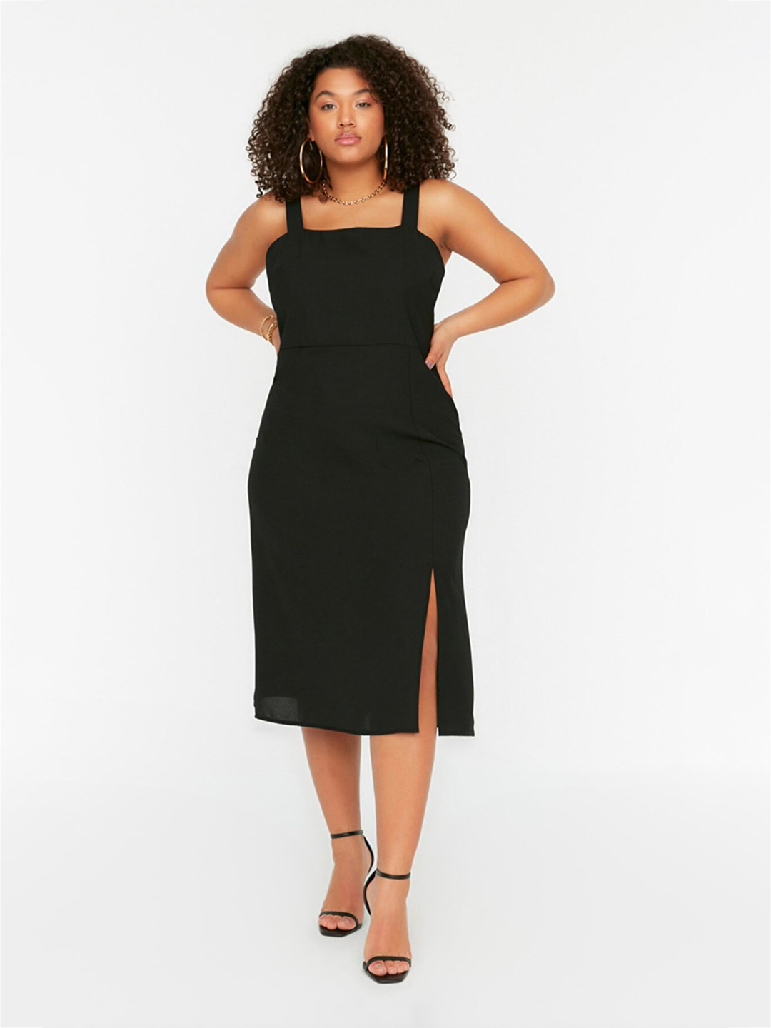 Trendyol Women Plus Size Black Shoulder Strap Sheath Midi Dress