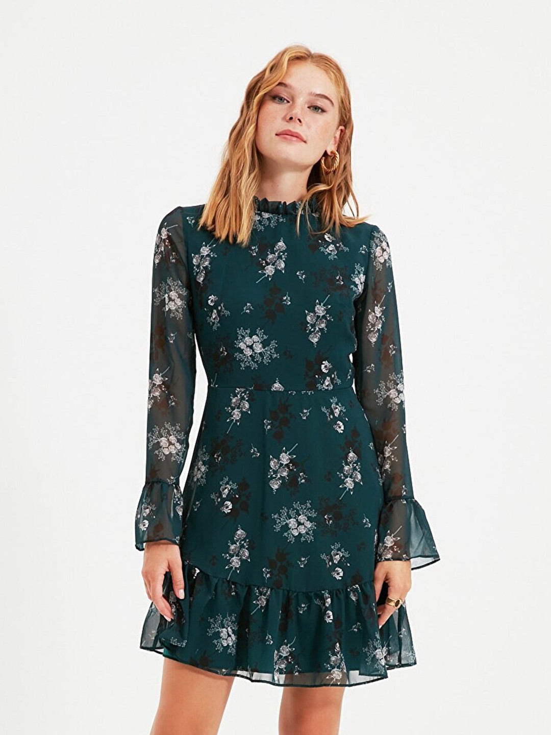 Trendyol Women Teal & White Floral Printed High Neck A-Line Dress