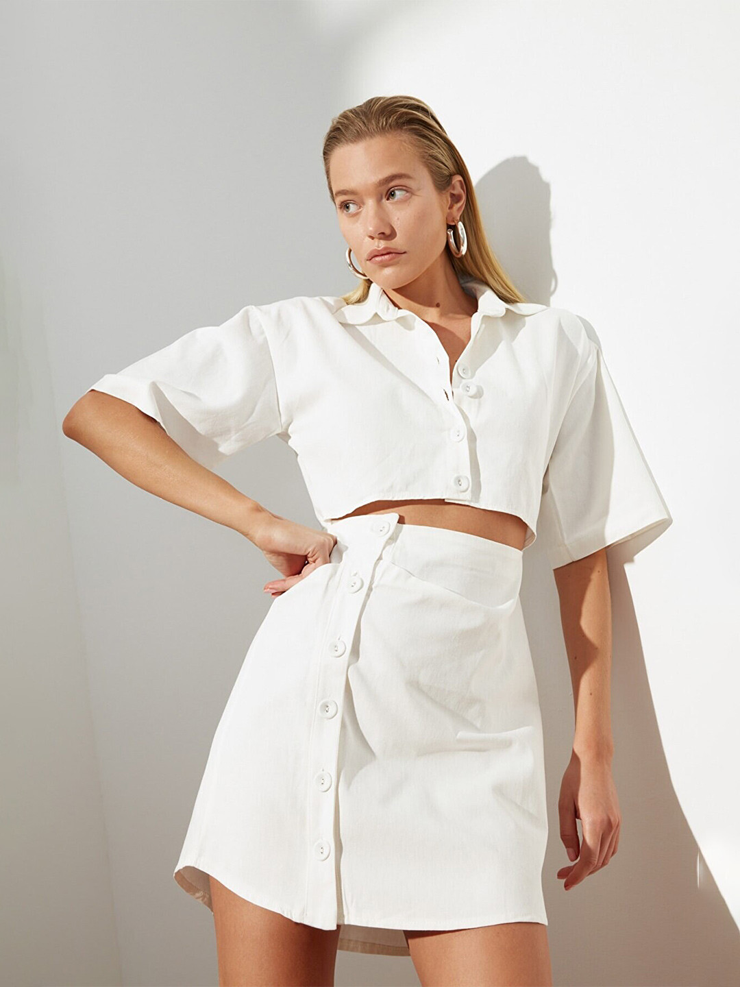 Trendyol Off White Pure Cotton A-Line Mini Dress