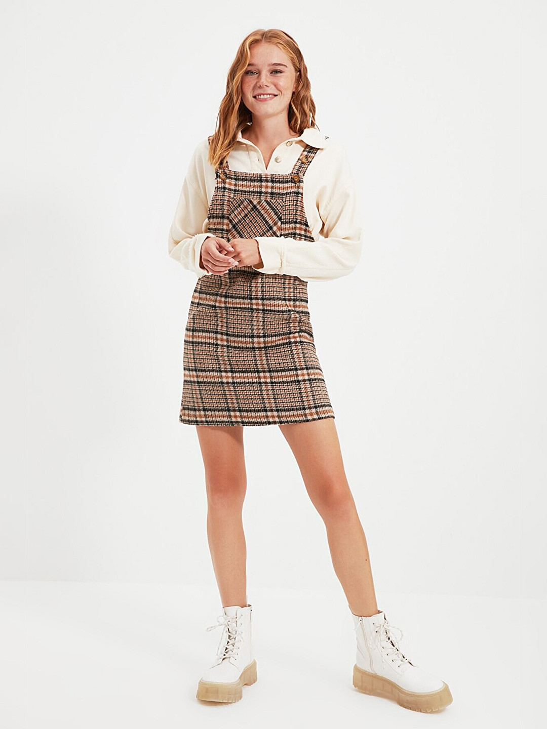 Trendyol Brown Checked Pinafore Dress with Shirt