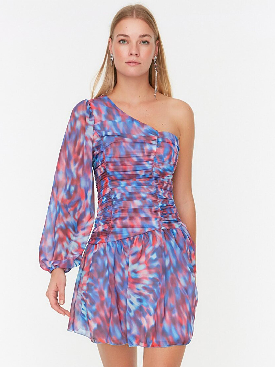 Trendyol Women Blue & Pink Tie and Dye One Shoulder Dress