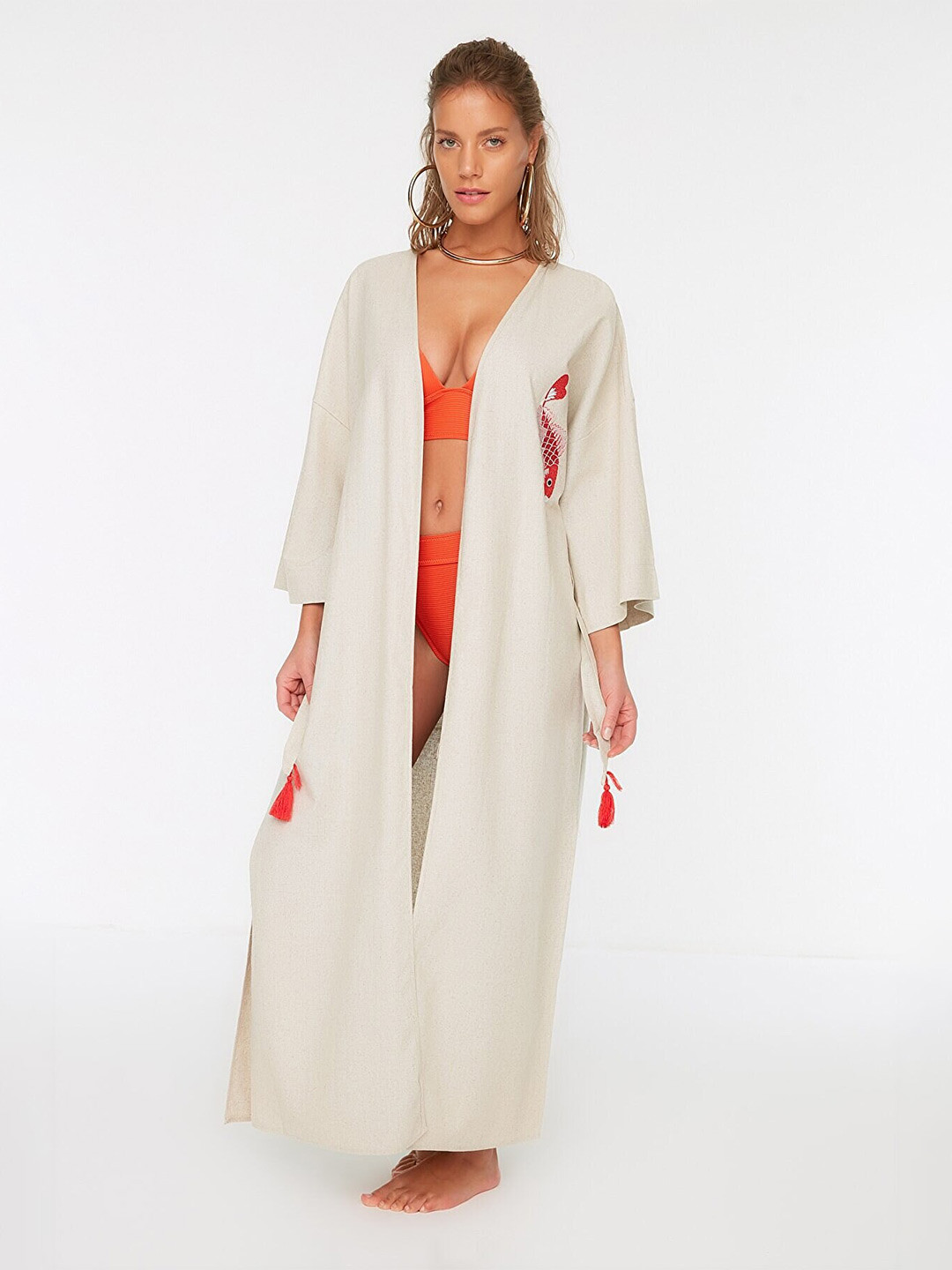 Trendyol Women Embroidered Tassel Detail Pure Cotton Maxi Robe