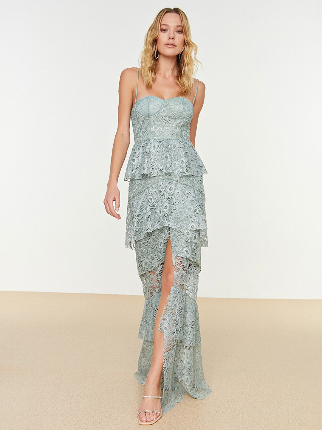 Trendyol Green Floral Layered Bodycon Maxi Dress with Front Slit