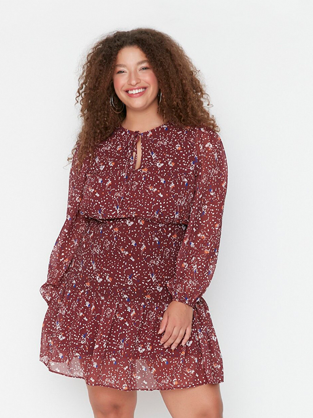 Trendyol Women Plus Size Burgundy Floral Tie-Up Neck Dress