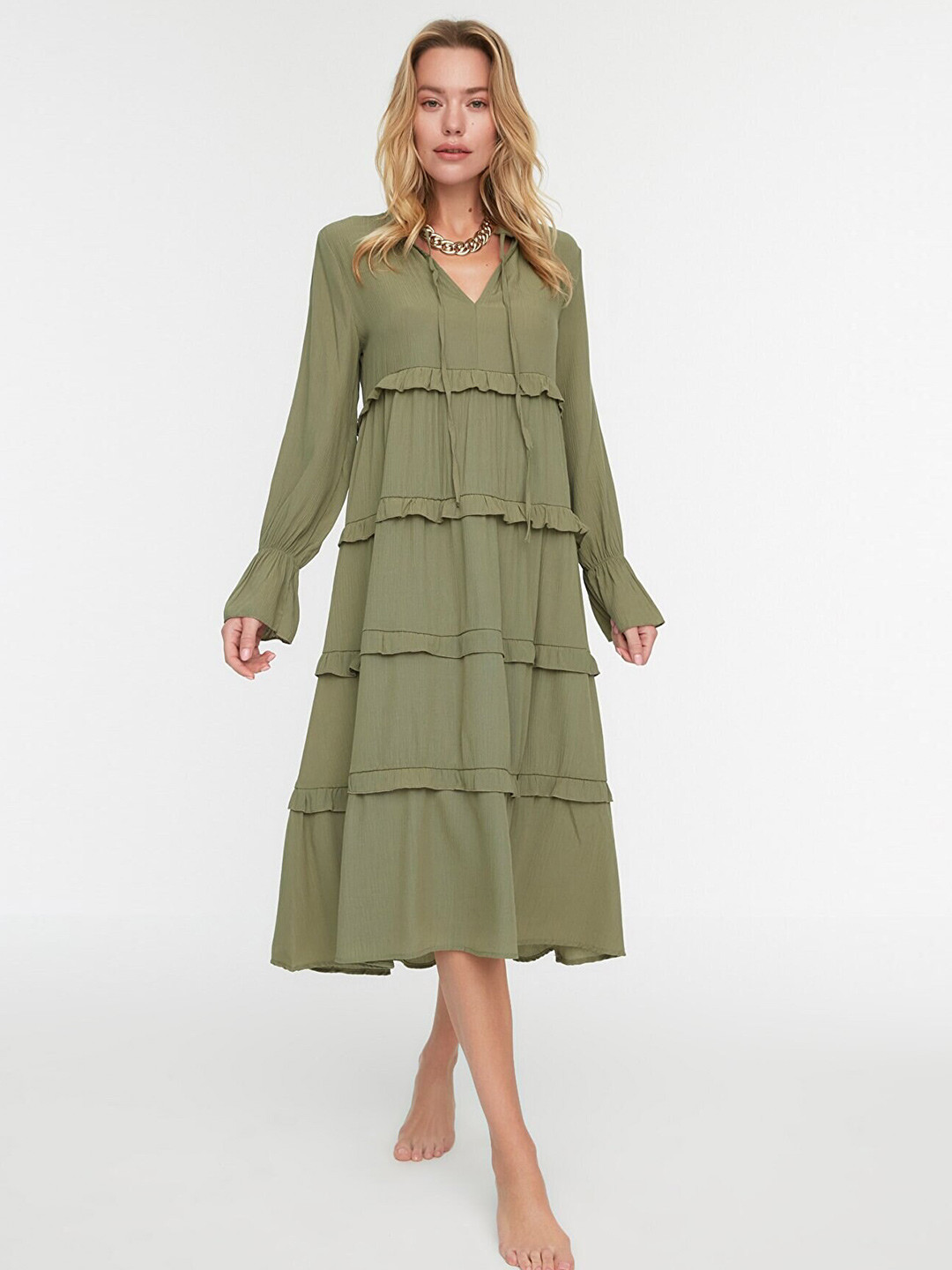 Trendyol Women Khaki Tie-Up Neck A-Line Midi Dress