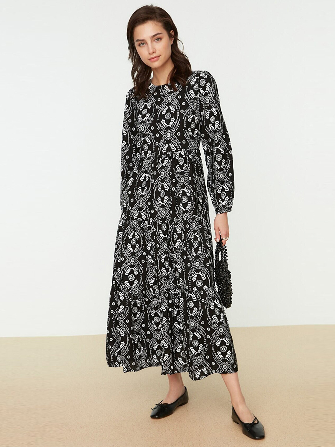 Trendyol Black Floral Printed A-Line Midi Rayon Dress