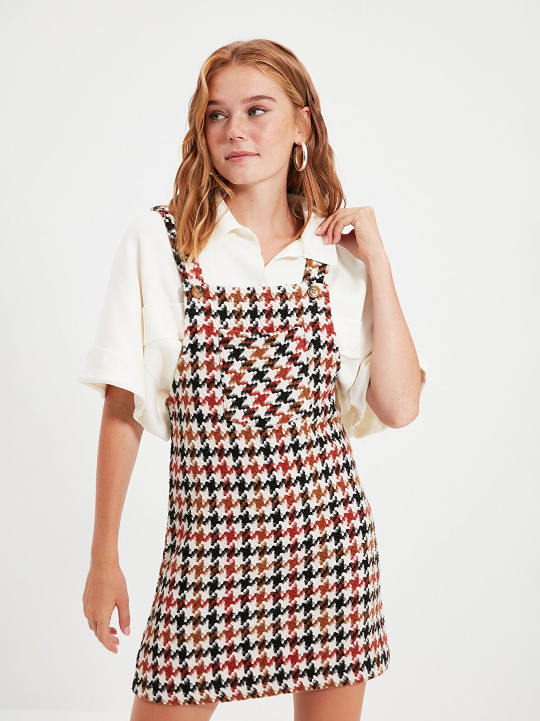 Trendyol Off White Pinafore Geometric Printed Geometric Dress