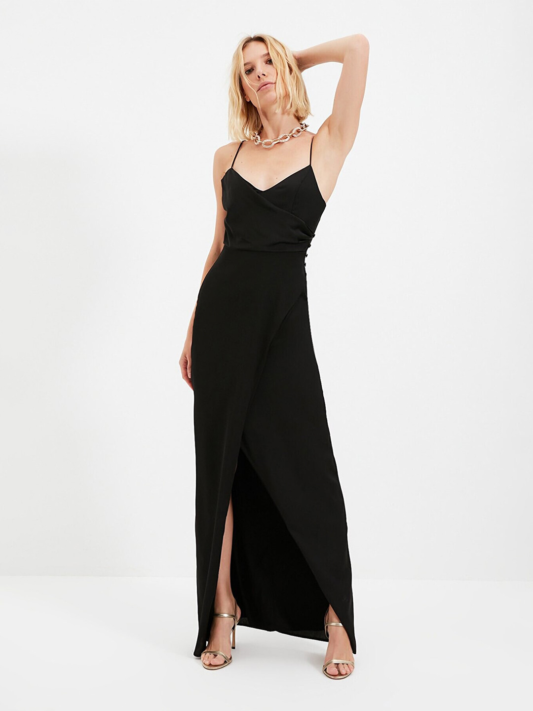 Trendyol Black Solid Shoulder Strap Maxi Wrap Dress