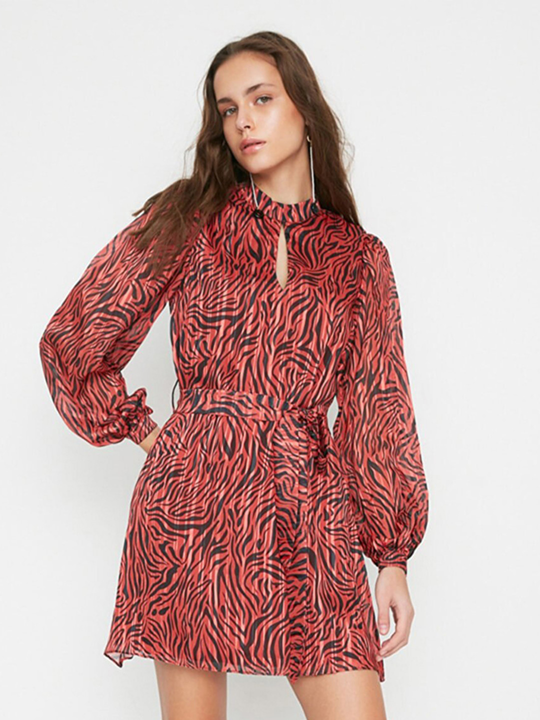 Trendyol Red & Black Animal Keyhole Neck A-Line Mini Dress
