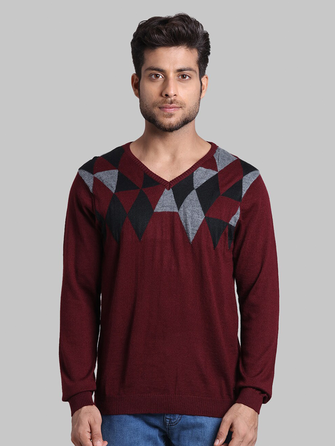 Park Avenue Men Red & Grey Printed Pullover Sweater