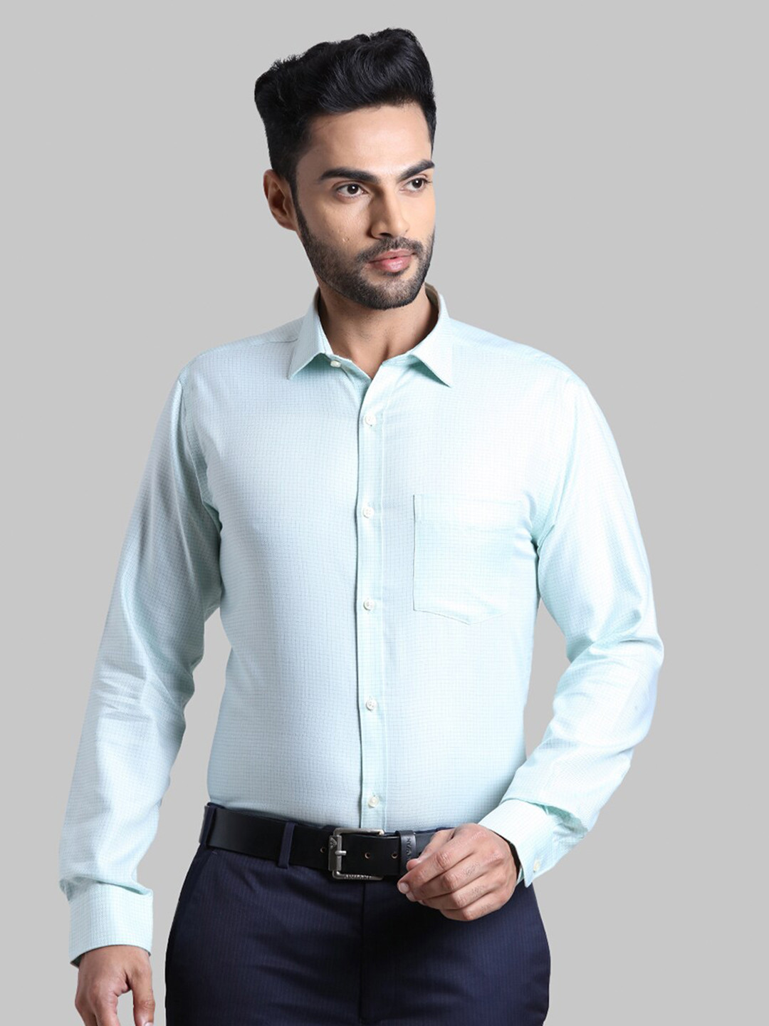 Park Avenue Men Green Slim Fit Micro Checked Formal Shirt