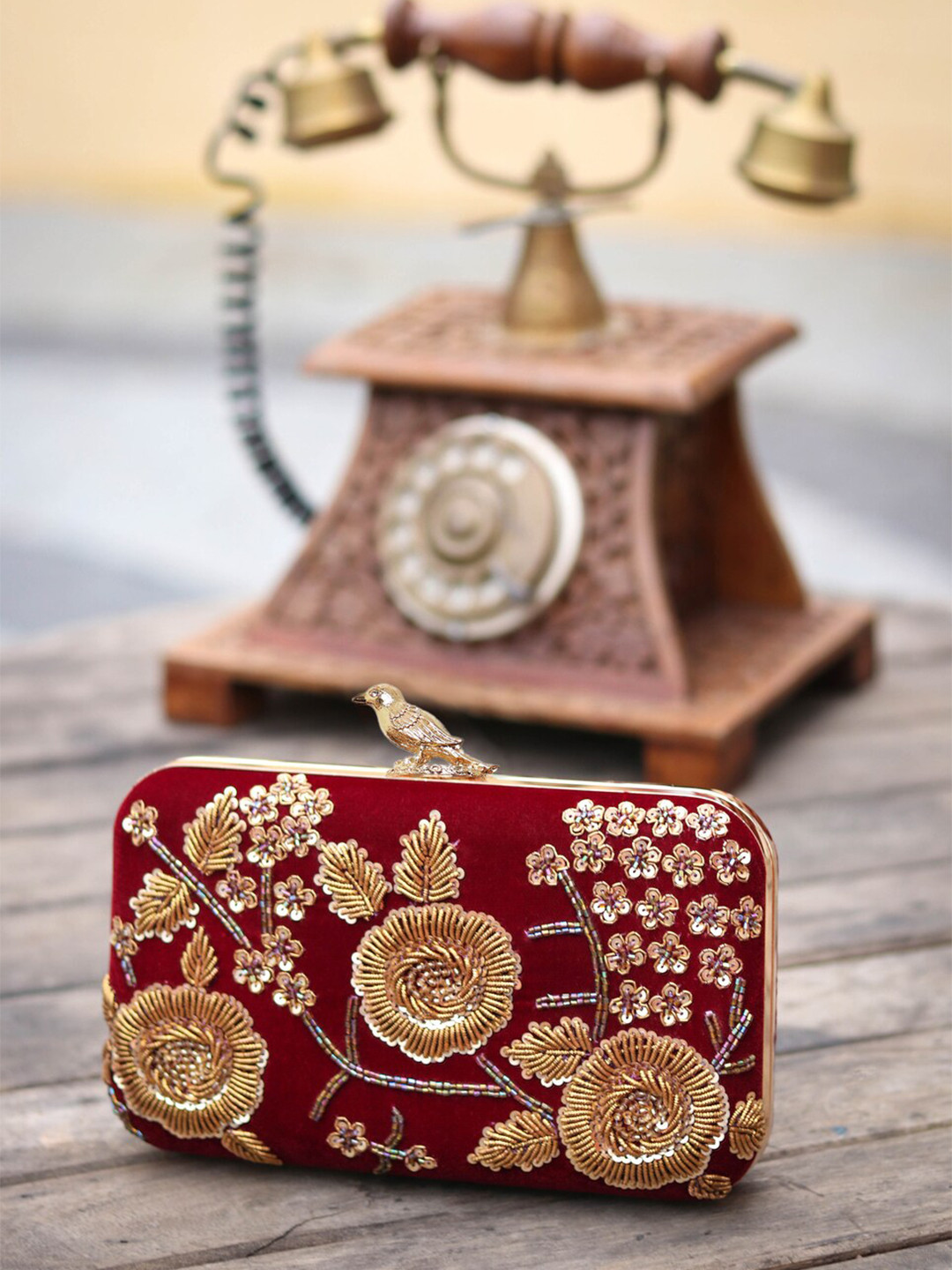 NR By Nidhi Rathi Maroon & Gold-Toned Embroidered Box Clutch