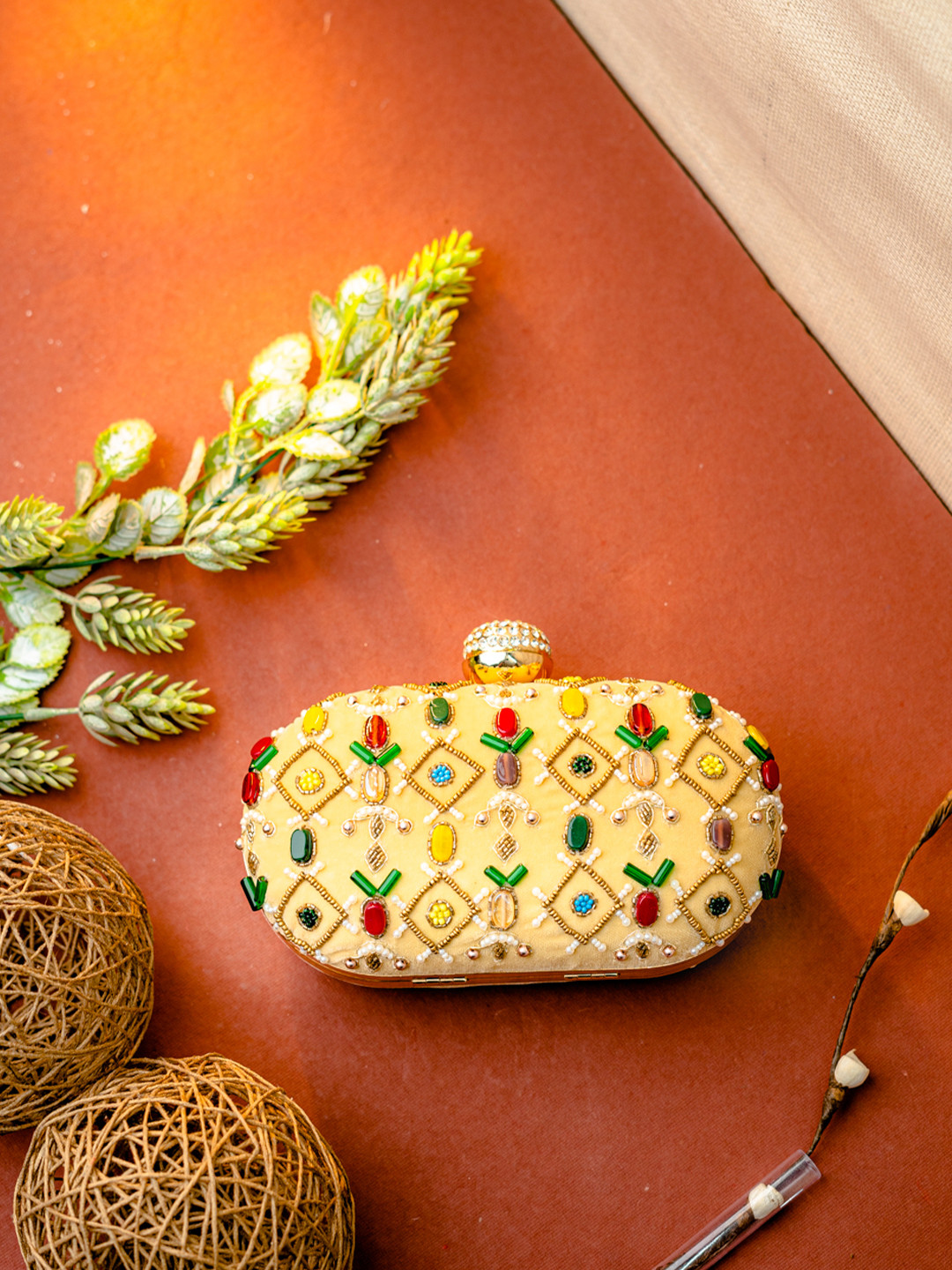 NR By Nidhi Rathi Beige & White Embroidered Box Clutch