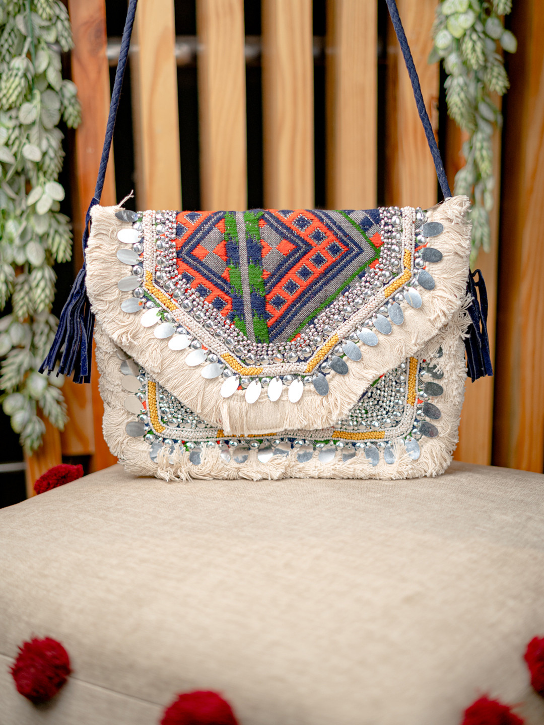 NR By Nidhi Rathi Navy Blue & Red Embroidered Foldover Clutch