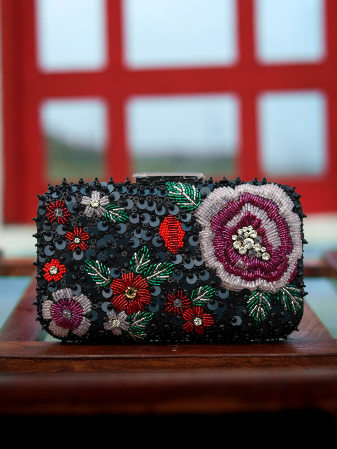 NR By Nidhi Rathi Women Black & Green Embellished Fabric Box Clutch