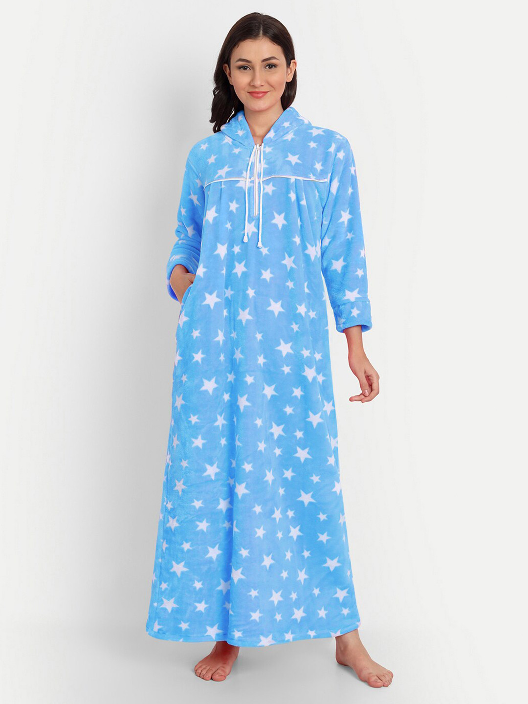 PALIVAL Women Blue Printed Hooded Maxi Nightdress