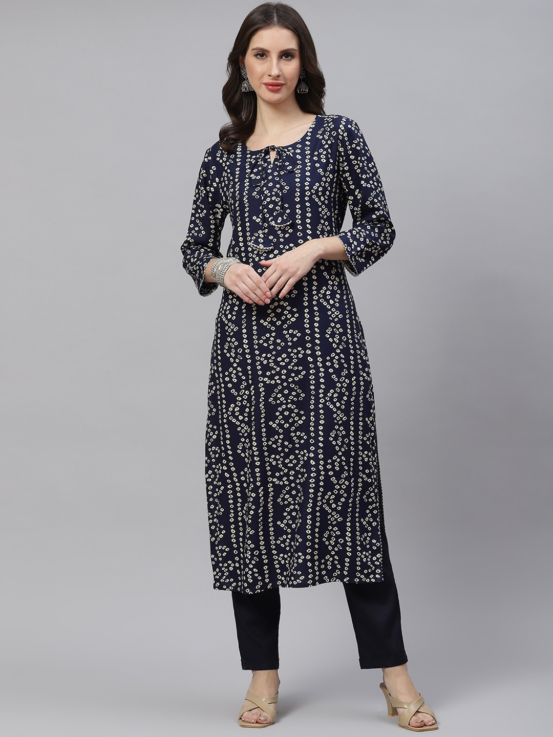 PIROH Women Navy Blue & Off White Bandhani Print Kurta