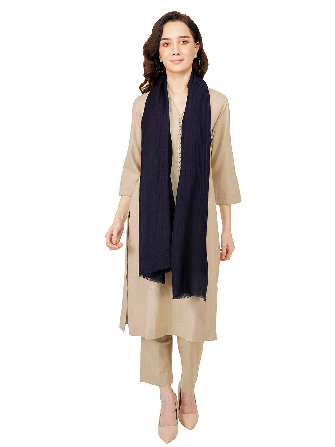 Rhe-Ana Women Navy Blue Fringed Border Stole