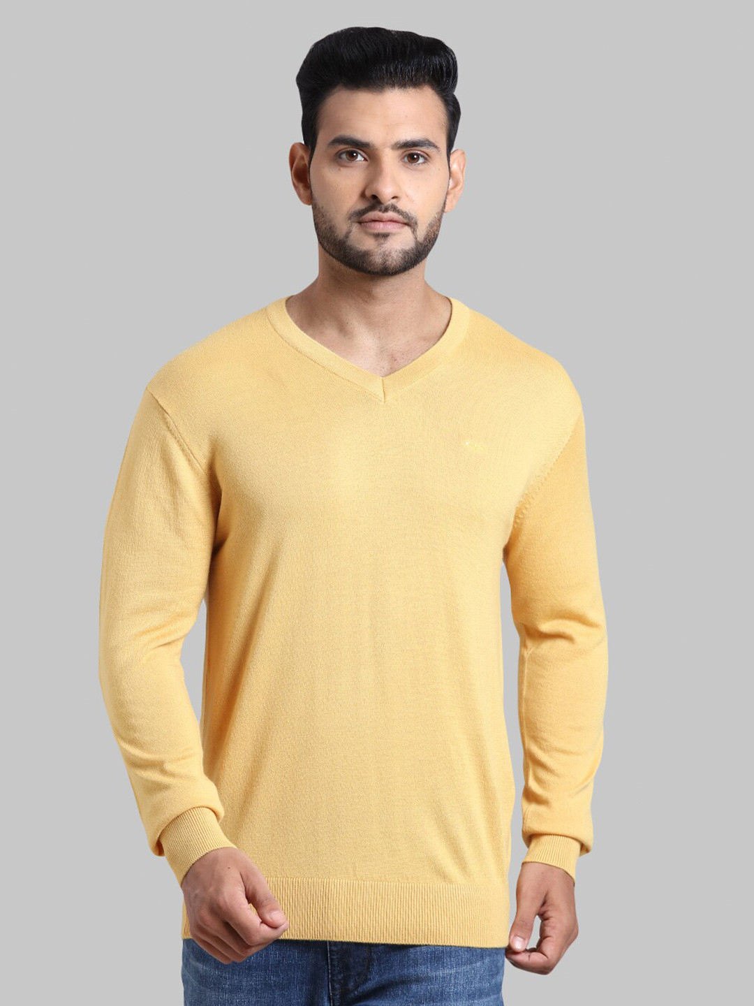 ColorPlus Men Yellow Solid V-neck Pullover Sweater