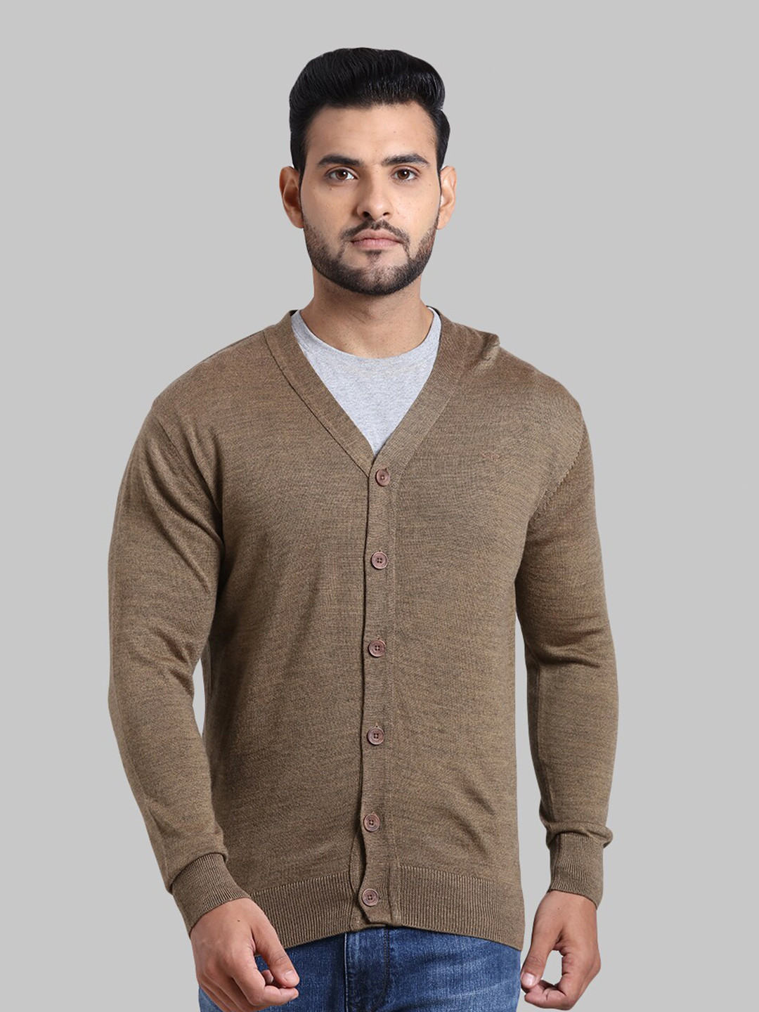 ColorPlus Men Brown Solid Acrylic Cardigan