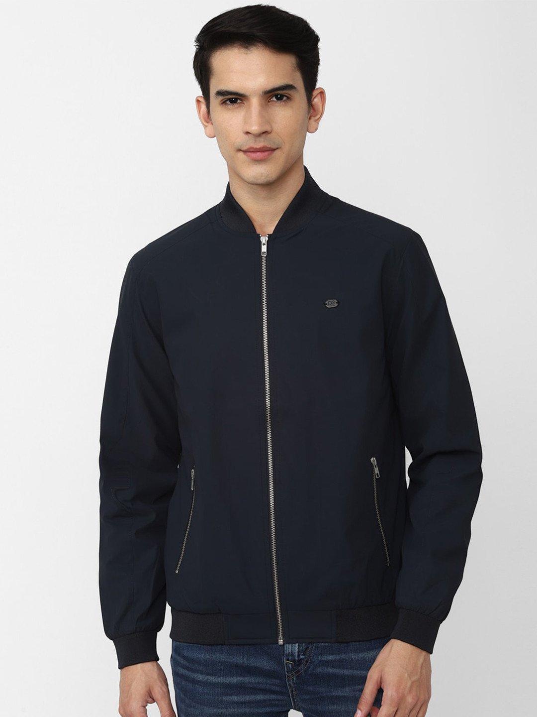 Peter England Casuals Men Navy Blue Stand Collar PU Sporty Jacket