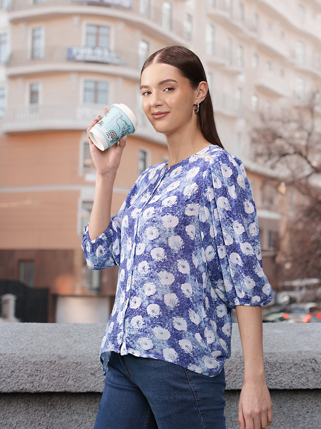 Buy Global Desi Blue Floral Printed Three Quarter Sleeves Top Tops for Women 20266900 Myntra