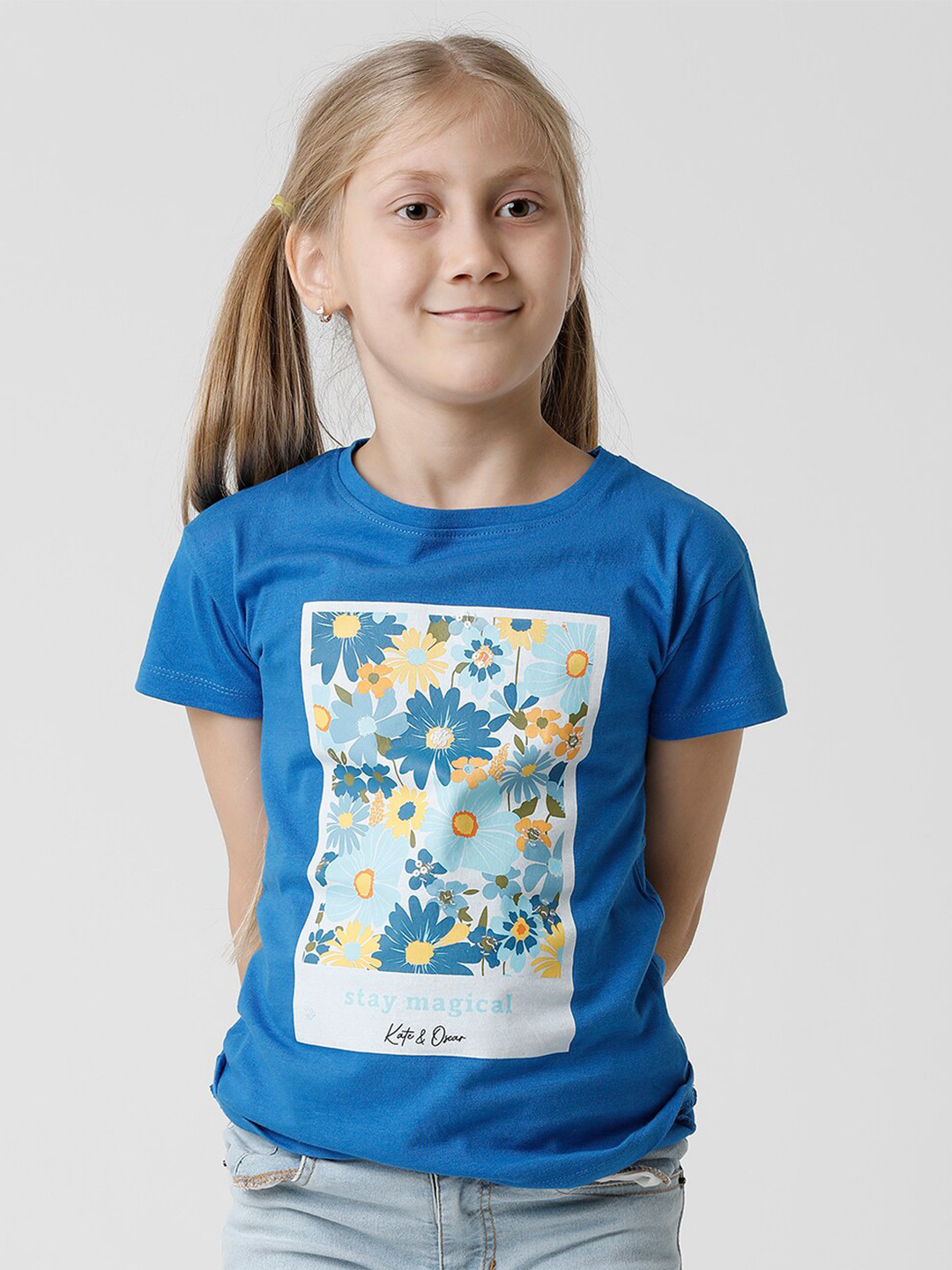 KATE & OSCAR Girls Blue Printed T-shirt