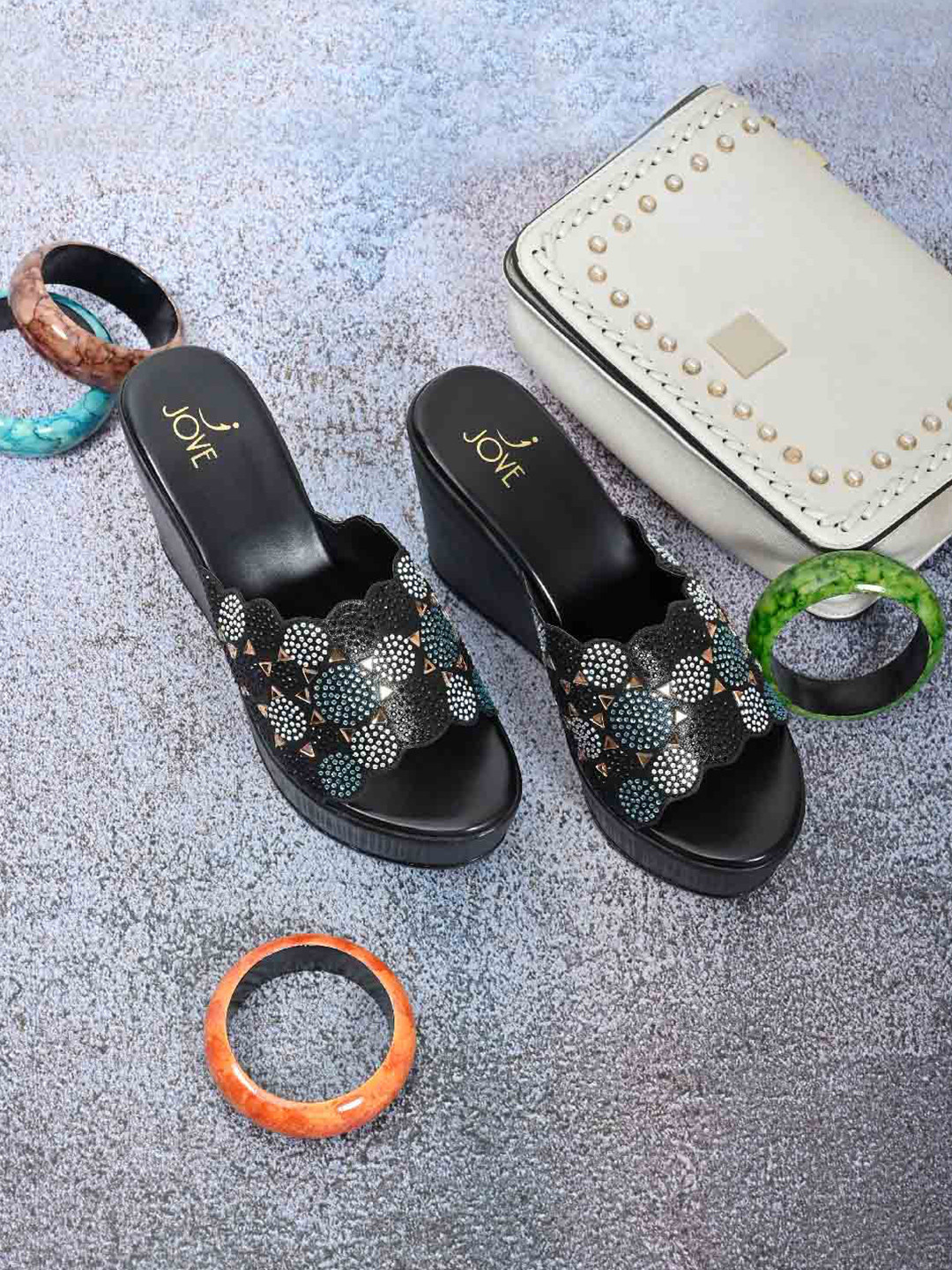 Jove Women Black & White Embellished Wedge Heels