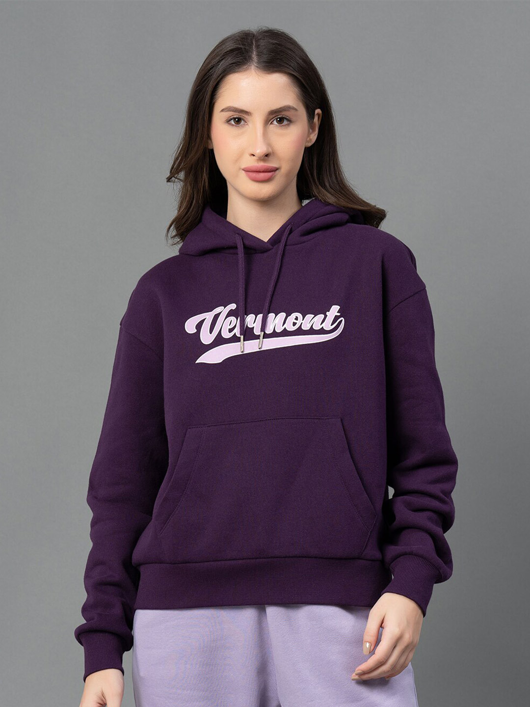 Mode by Red Tape Women Purple Printed Cotton Hooded Sweatshirt