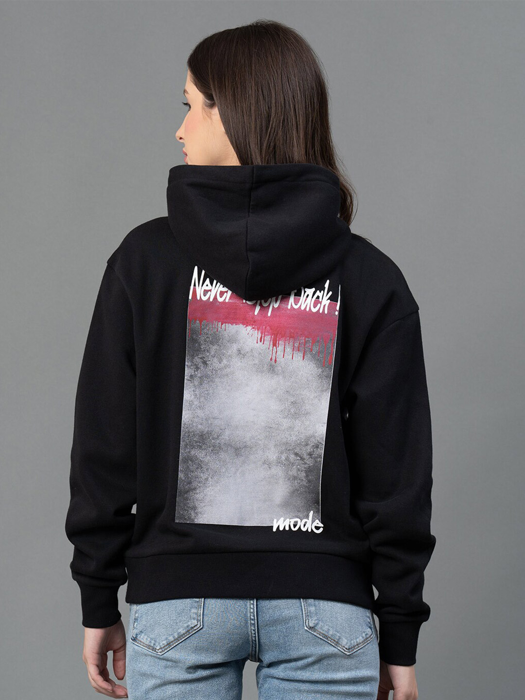 Mode by Red Tape Women Black Printed Hooded Sweatshirt
