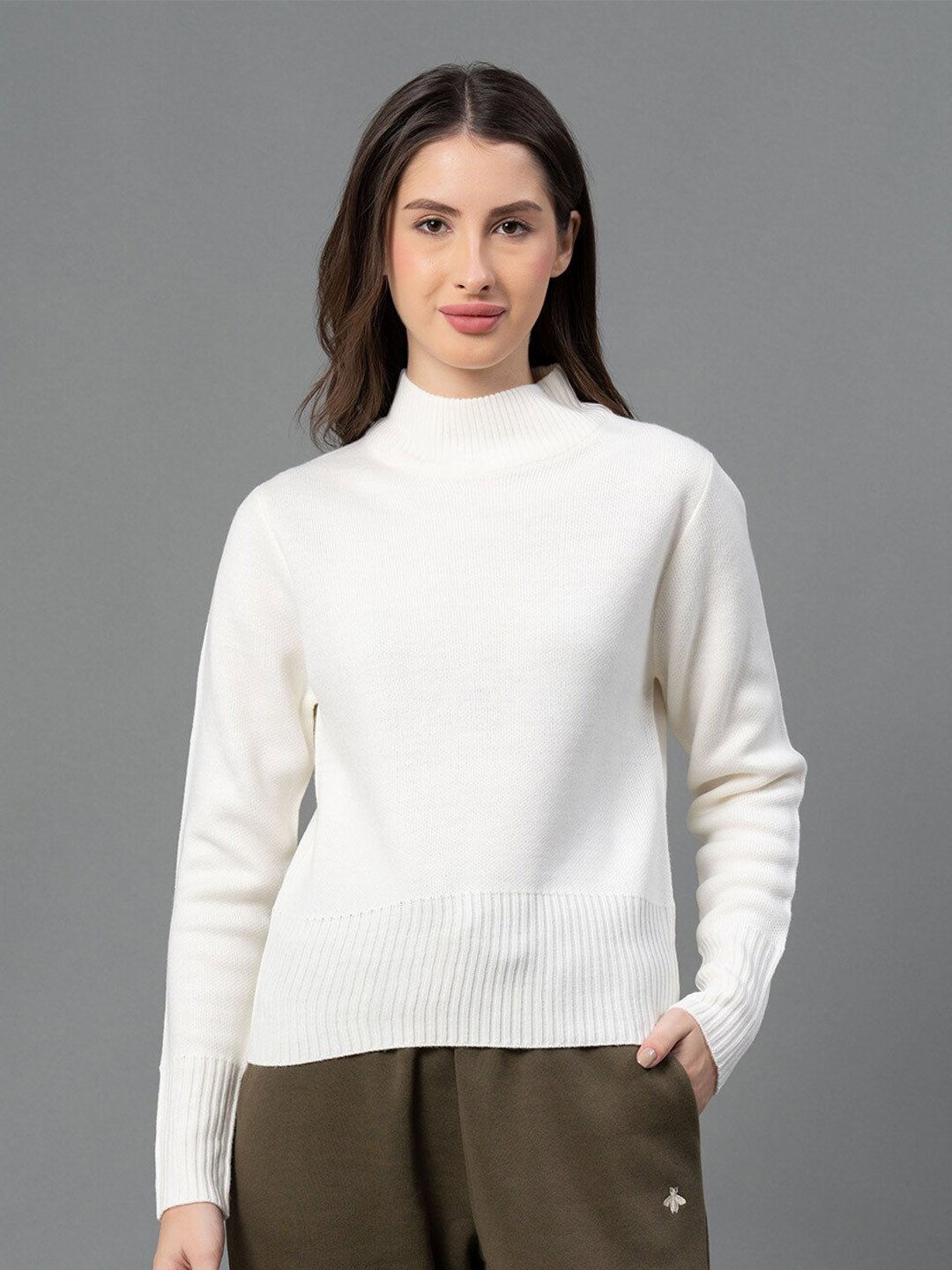 Mode by Red Tape Women Off White Solid Acrylic Sweater