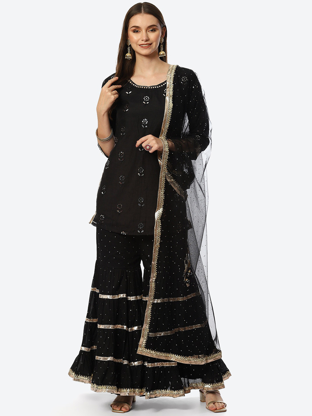 Biba Women Black Printed Chanderi Silk Kurta with Sharara & Dupatta