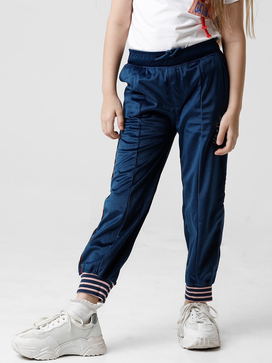 KATE & OSCAR Girls Blue Solid Velvet Joggers