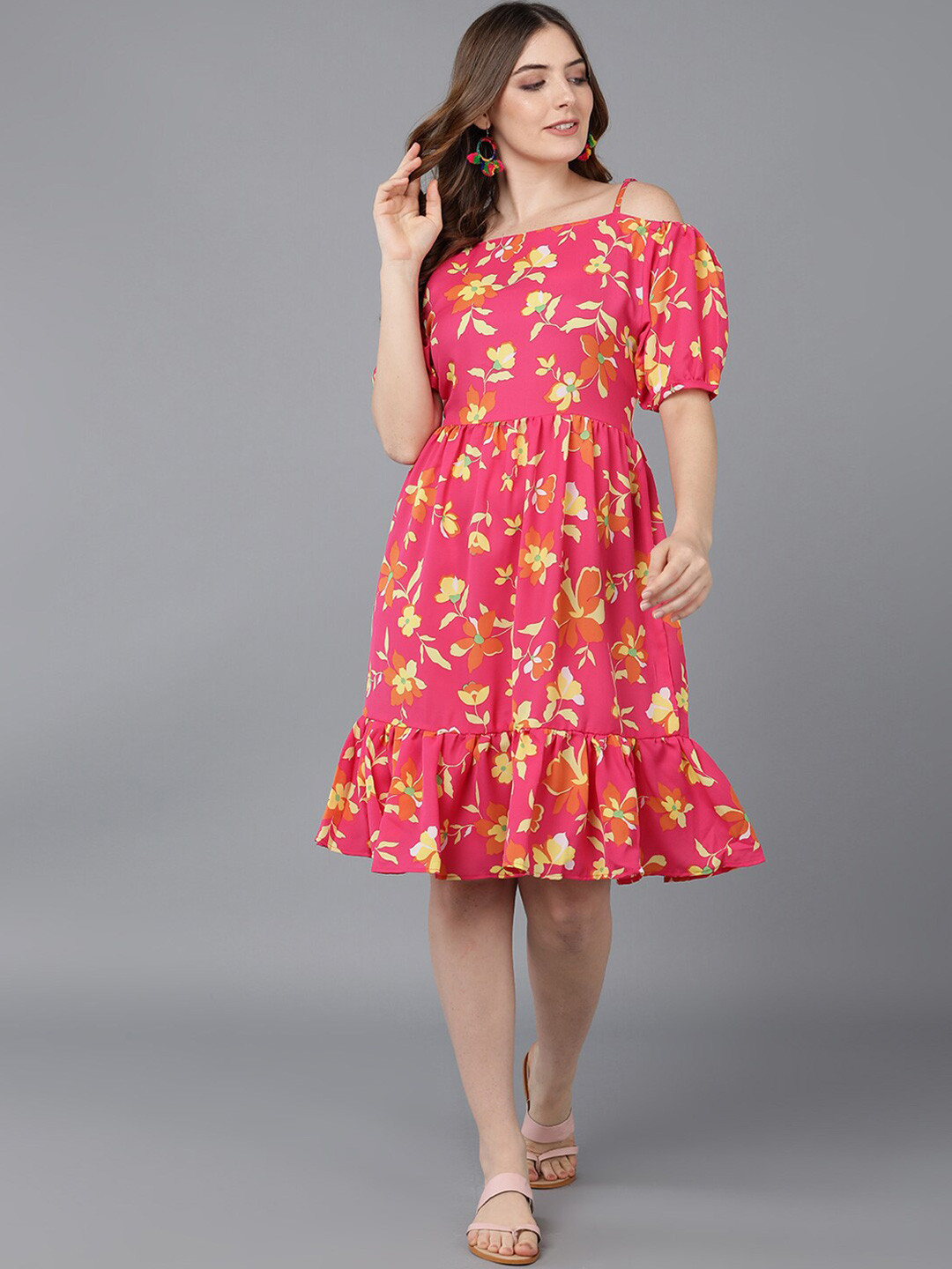 AHIKA Women Coral & Yellow Floral Printed Off-Shoulder Fit and Flare Dress