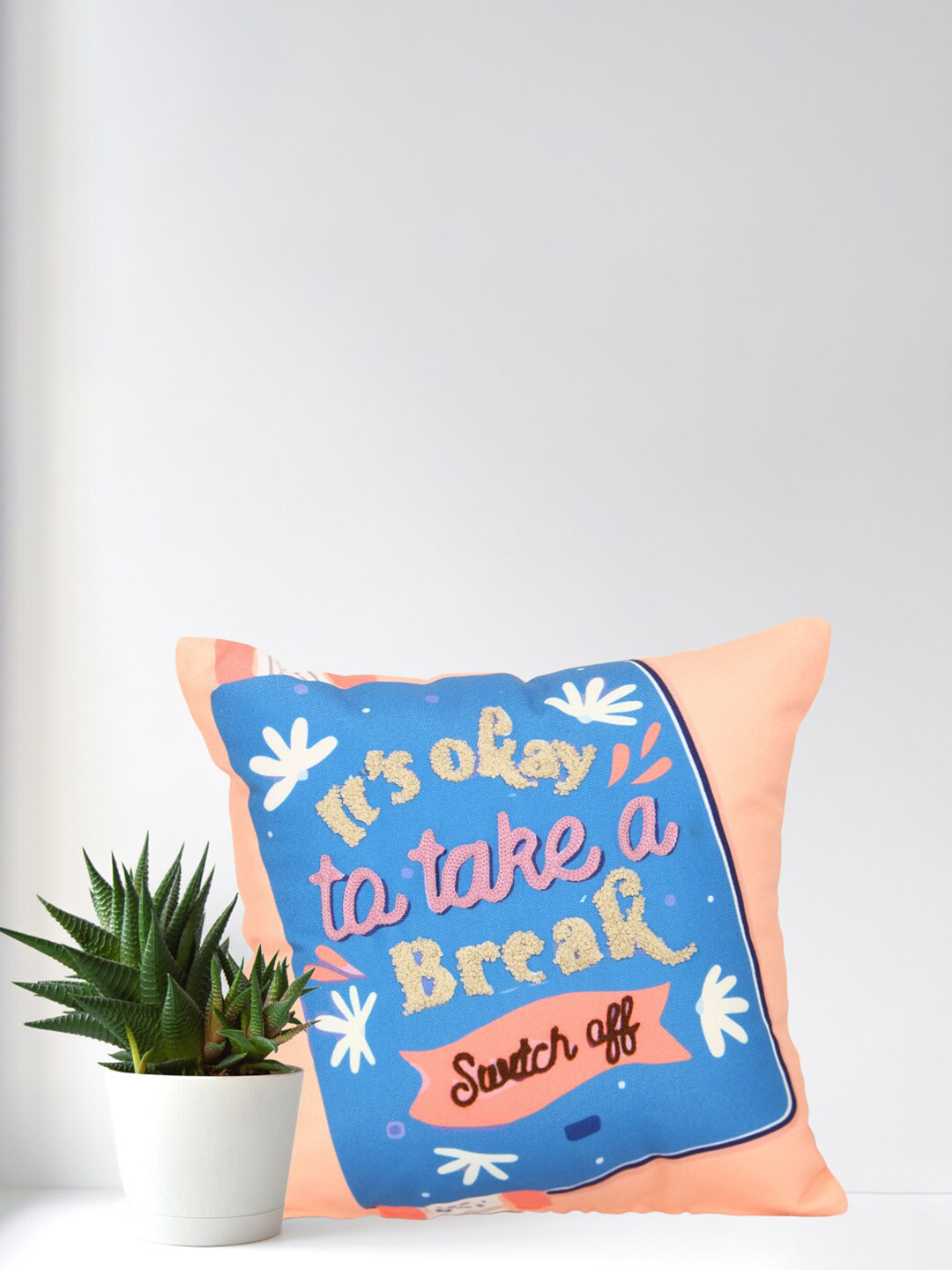 Home Peach-Coloured & Blue Embroidered Square Cheerful Polyduck Floral Cushion Covers