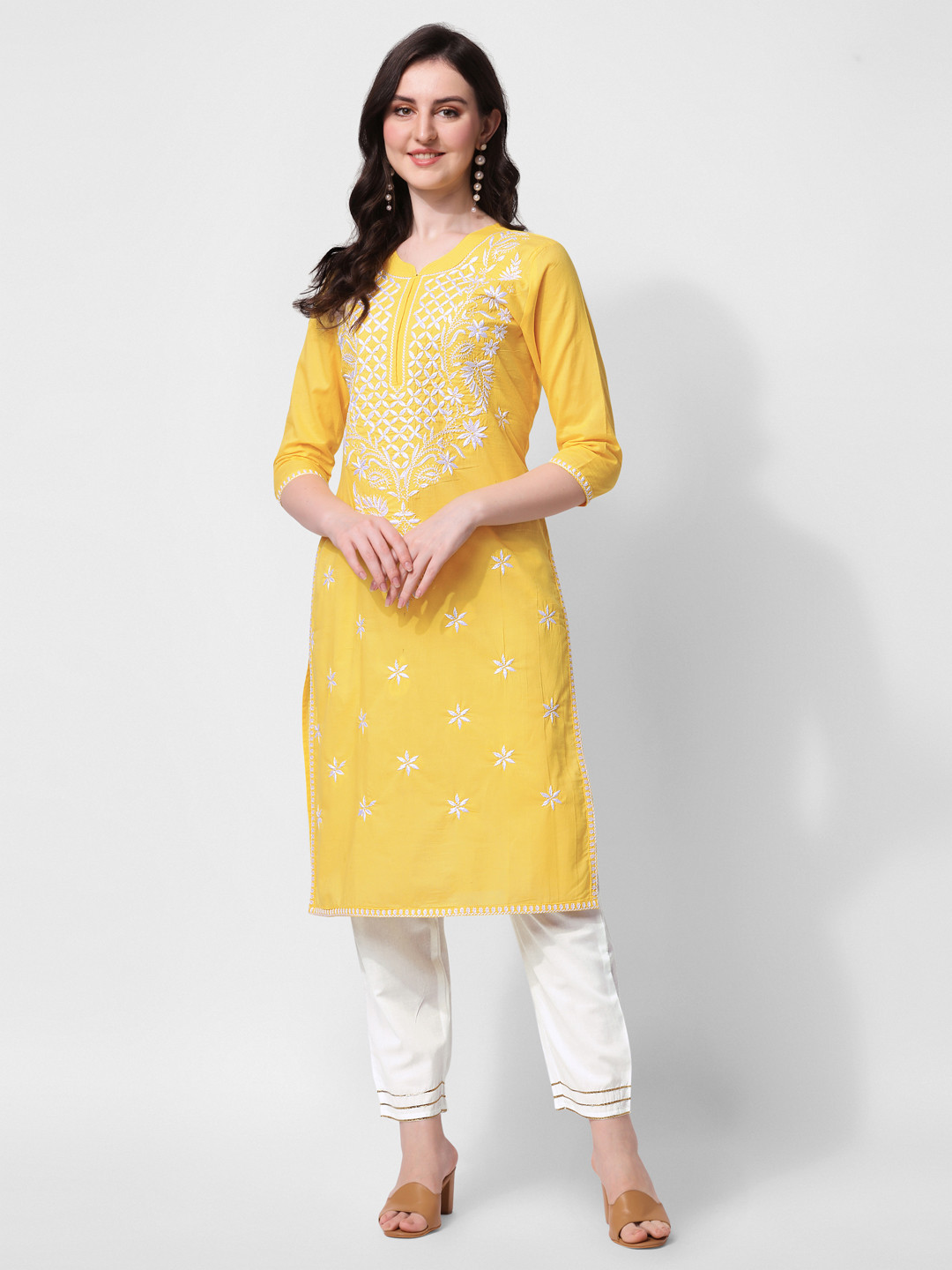 KALINI Women Yellow Ethnic Motifs Embroidered Thread Work Pure Cotton Kurta with Trousers