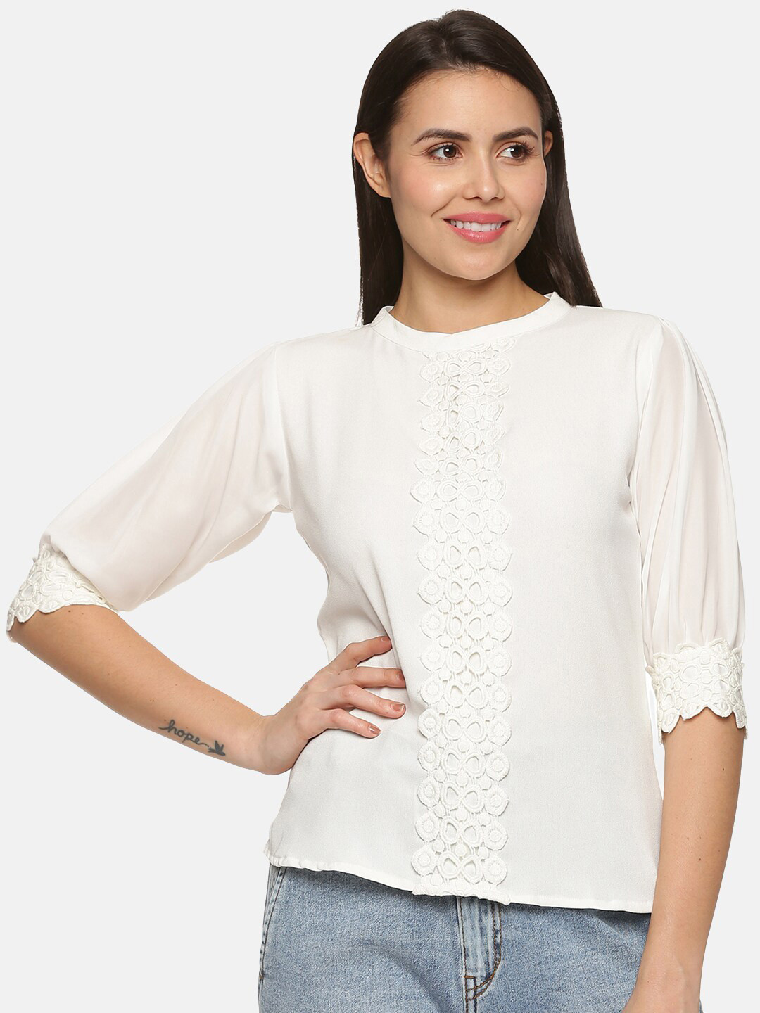 GLORY & I Women White Lace-Up Georgette Casual Top