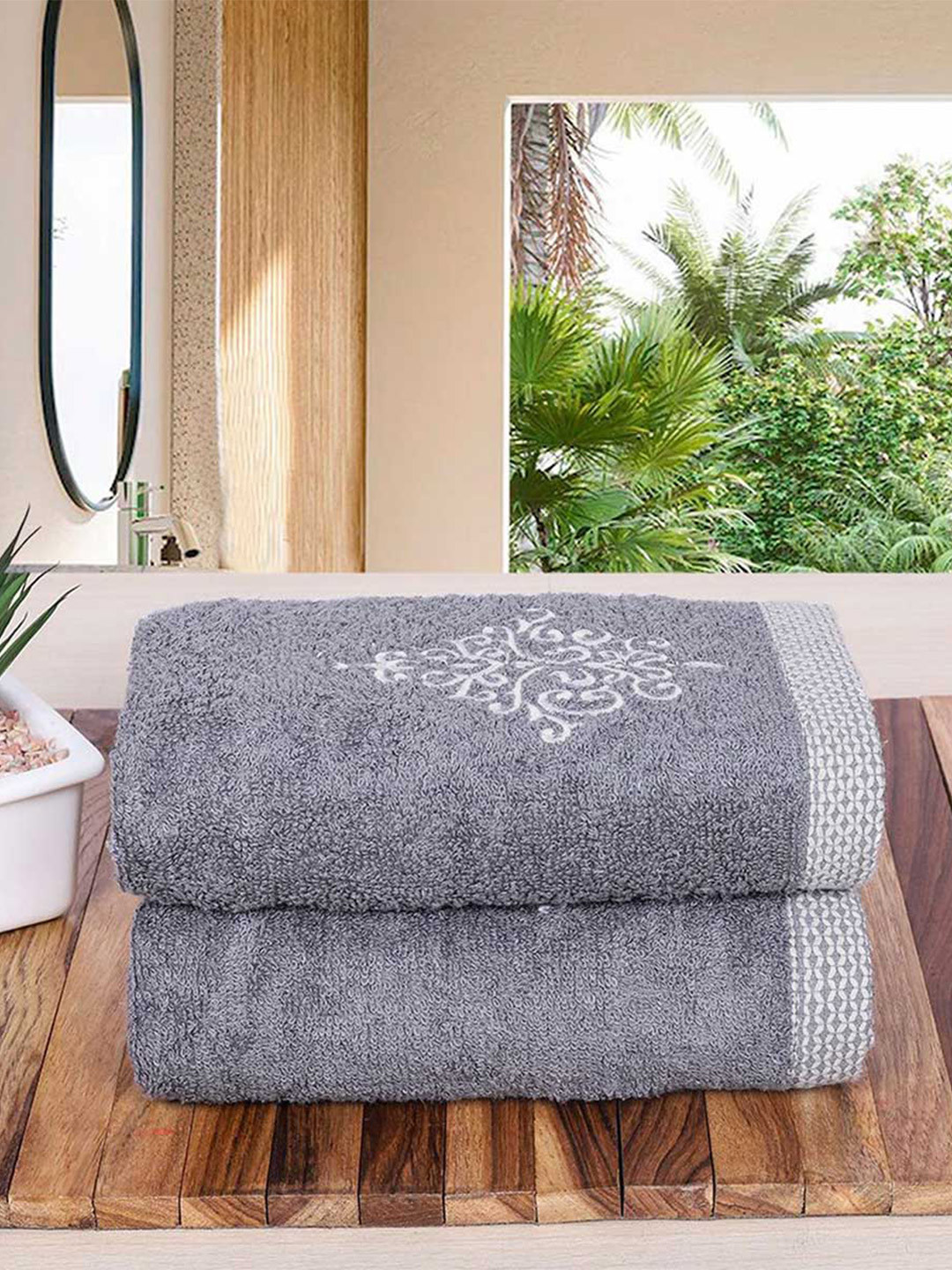 RANGOLI Set of 2 Grey Solid 100% Organic Bamboo Hand Towels