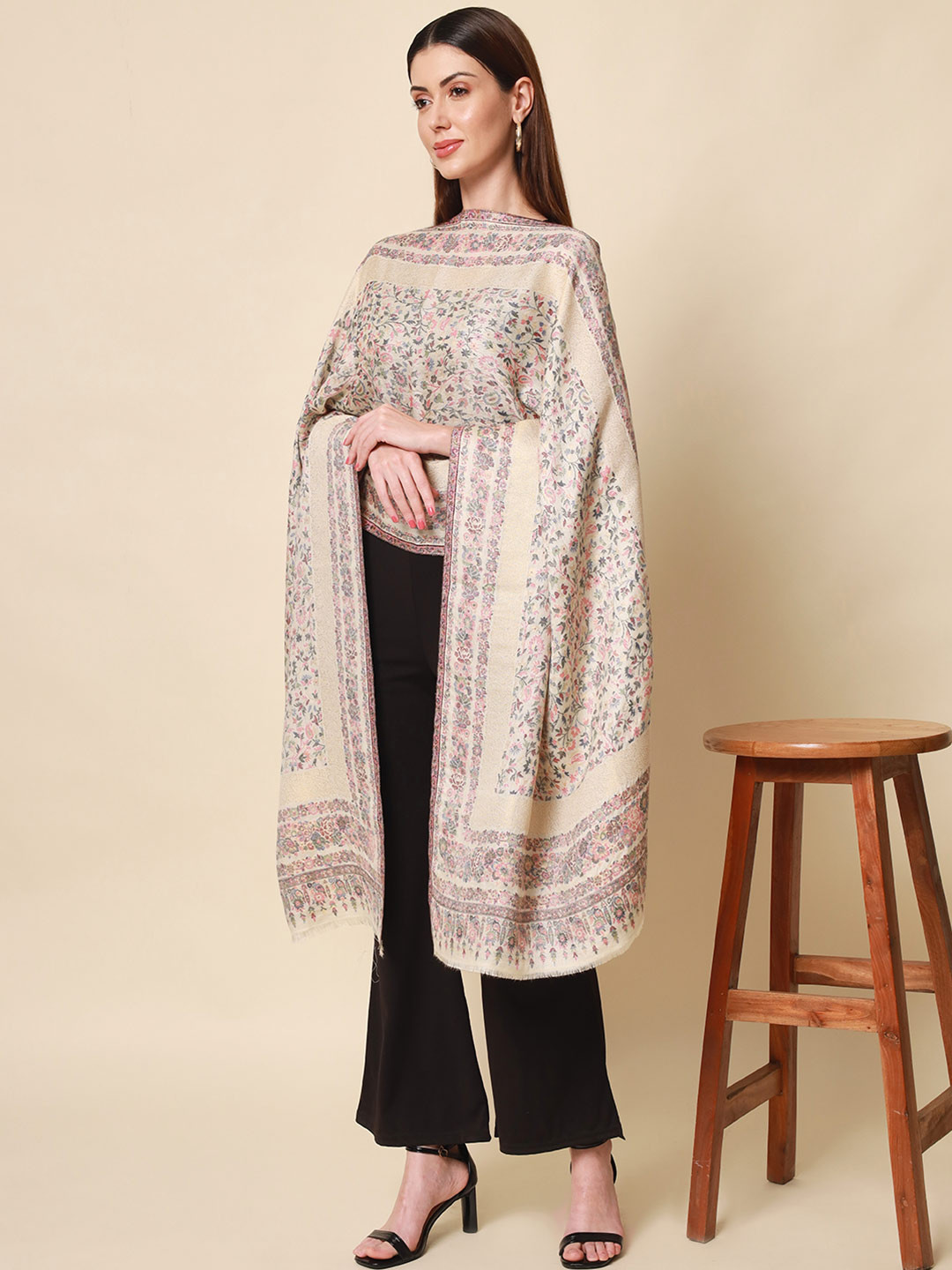Pashmoda Women White Woven Design Kaani Woolen Shawl