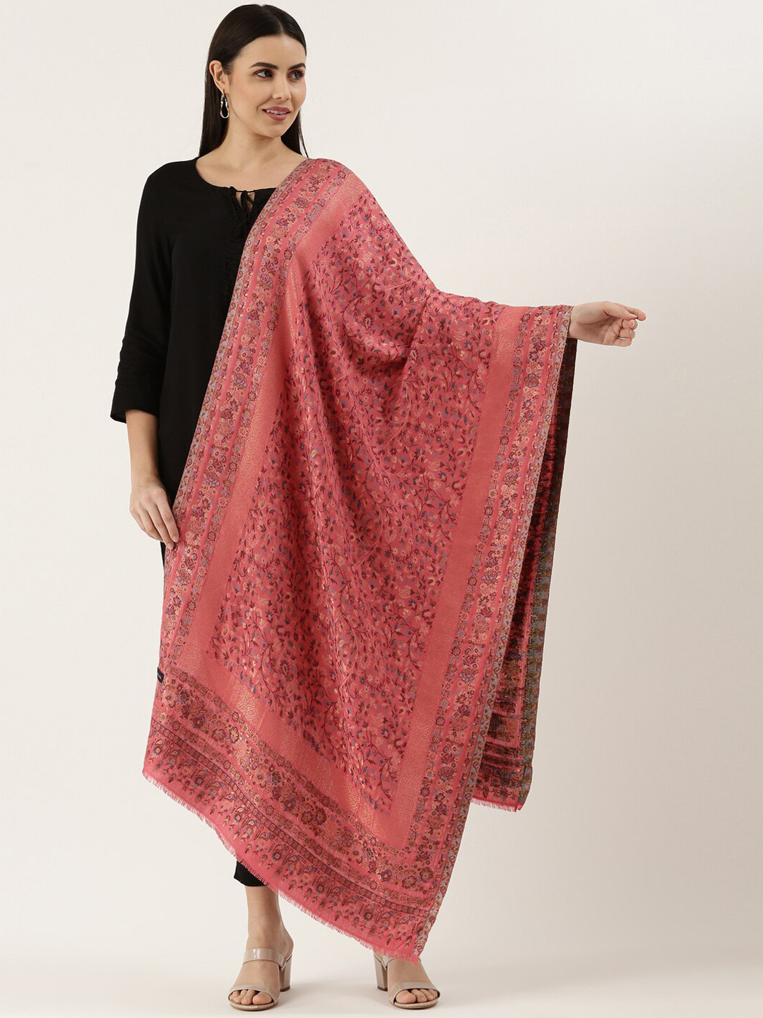 Pashmoda Women Pink Woven Design Kanni Woolen Shawl