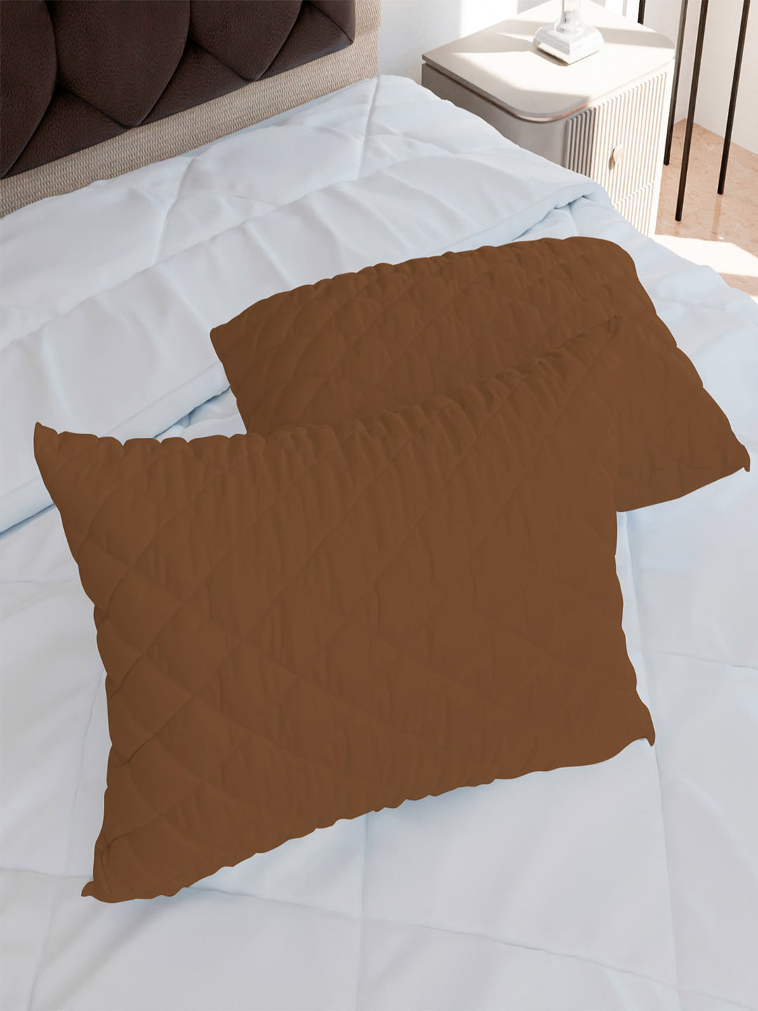 AVI Brown Solid Polycotton Set of 2 Medium Fibre Sleep Pillow-76.2 x 50.8 x 10 cm