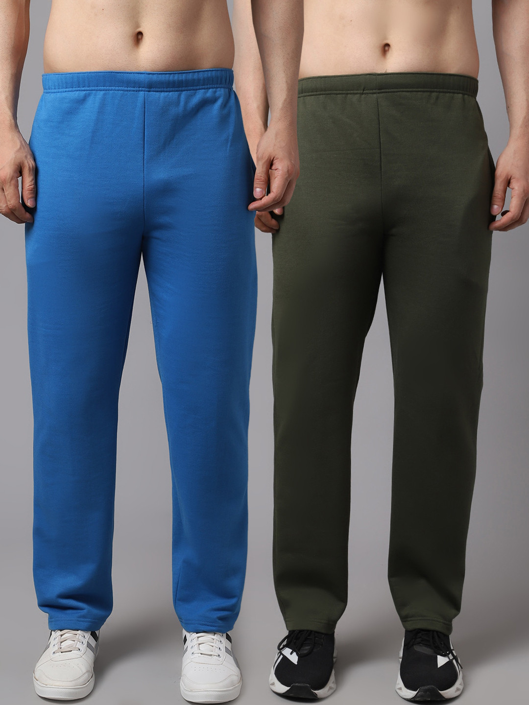 MACK JONNEY Men Pack of 2 Blue & Olive Green Solid Pure Cotton Track Pants