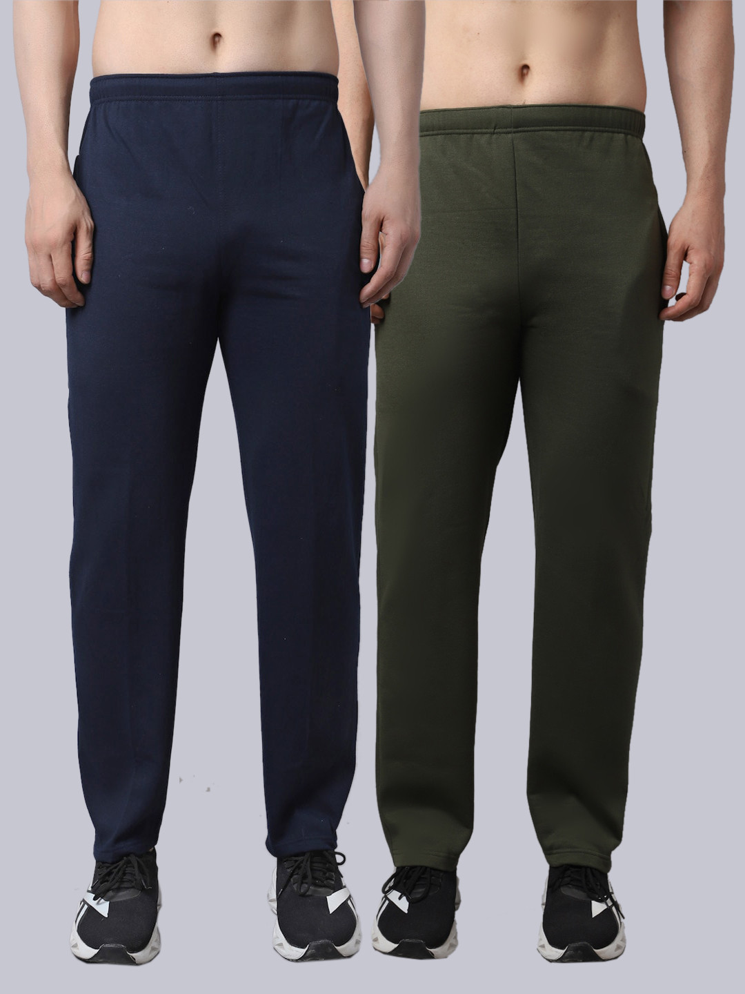 MACK JONNEY Men Pack Of 2 Navy Blue & Olive Green Solid Pure Cotton Track Pants