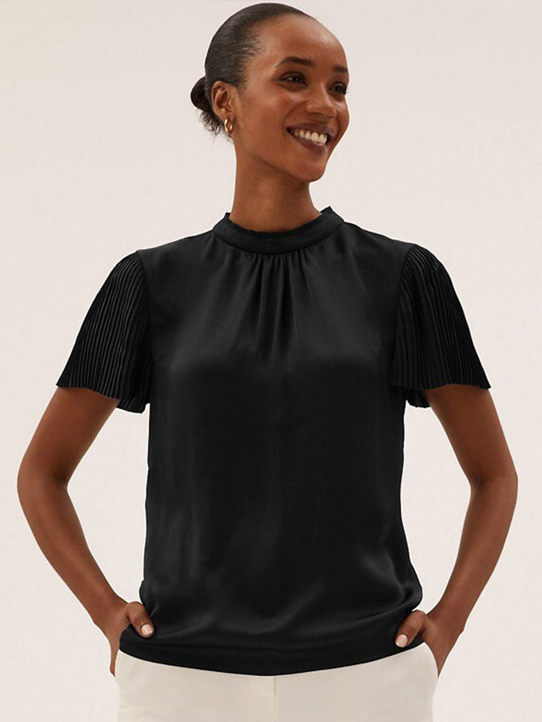 Marks & Spencer Black Pleated Plisse Flutter Sleeves Top