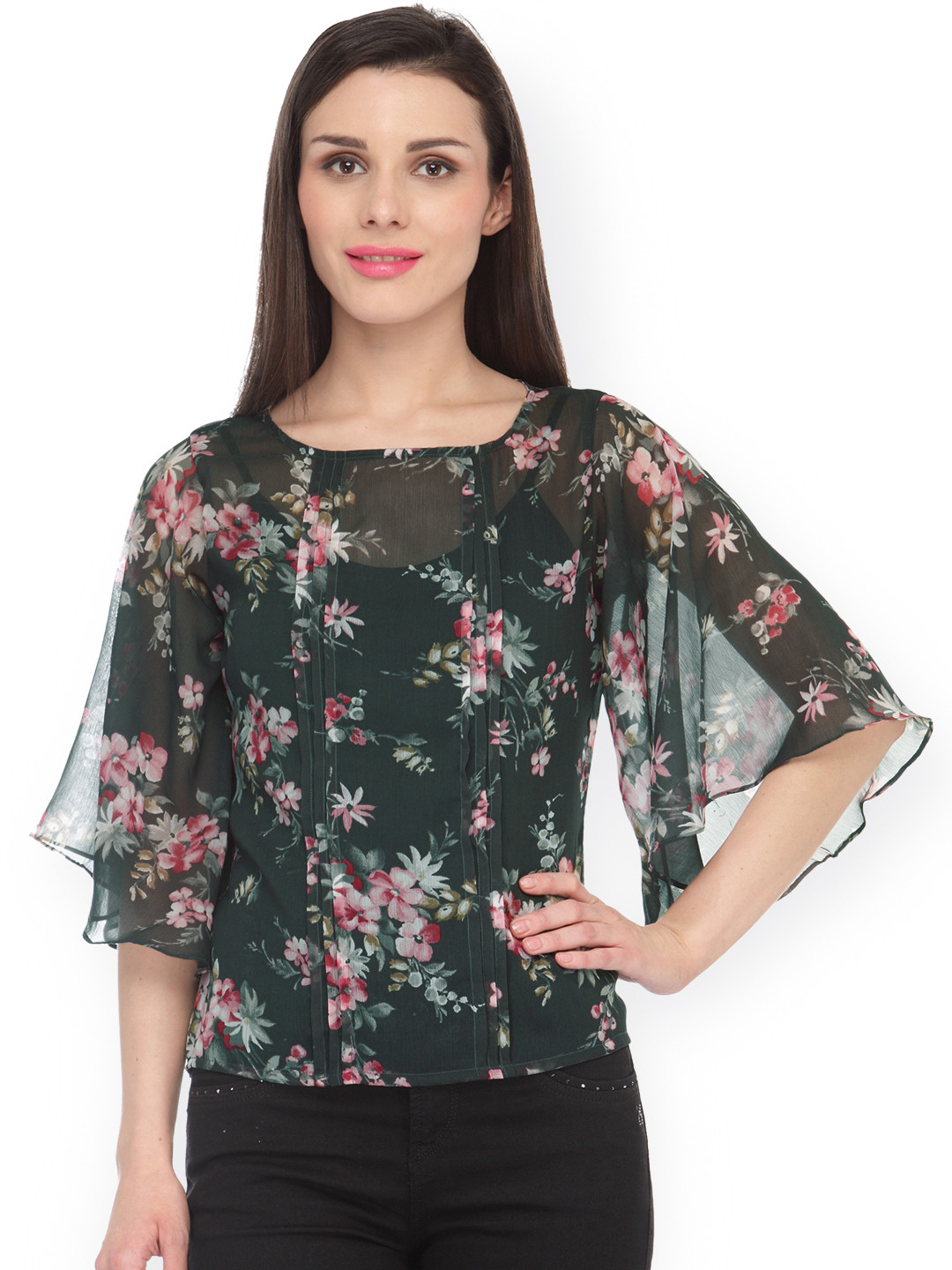 Cation Women Grey Floral Print Sheer Top