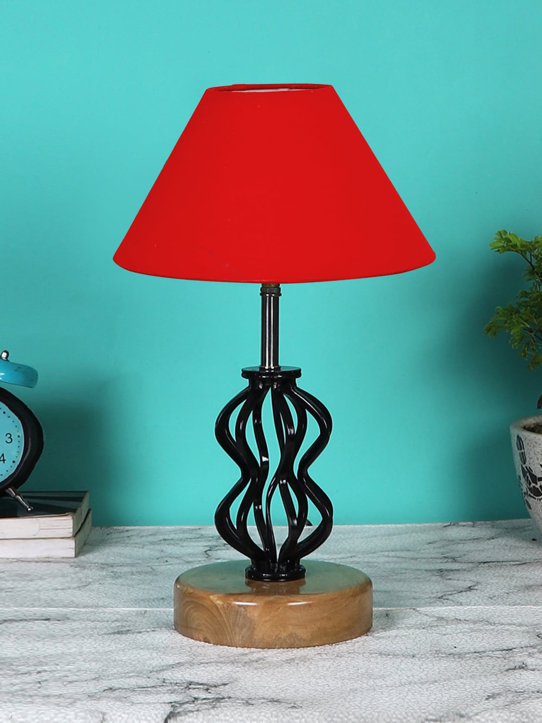 Devansh Red & Black Solid Table Lamp With Wood Base