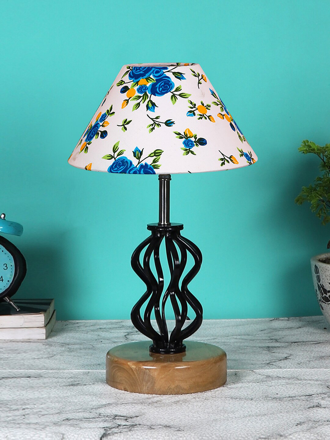 Devansh White & Blue Floral Printed Metal Table Lamp